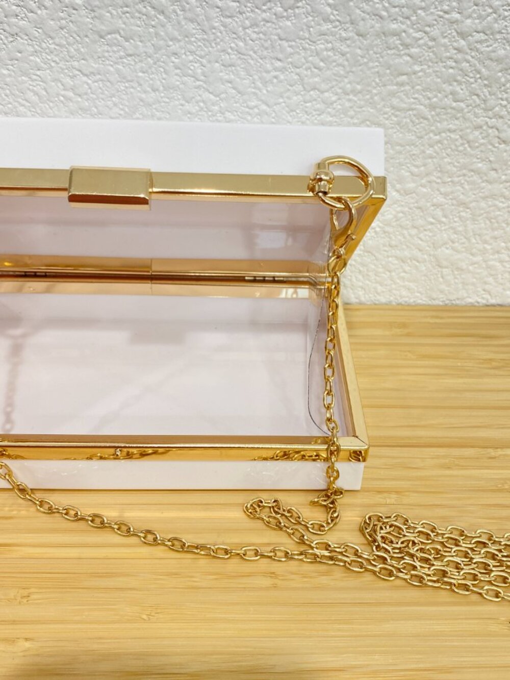 White Acrylic Box Clutch | Gold Chain Crossbody Evening Bag-Minimalist 90s Style - Picture 7 of 8